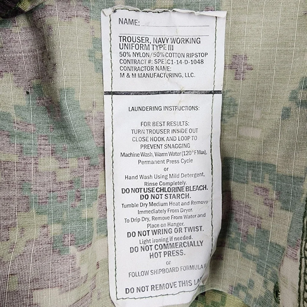 M & M Manufacturing Pants Mens M 33x31 Green NWU Type III Camo Cargo Workwear